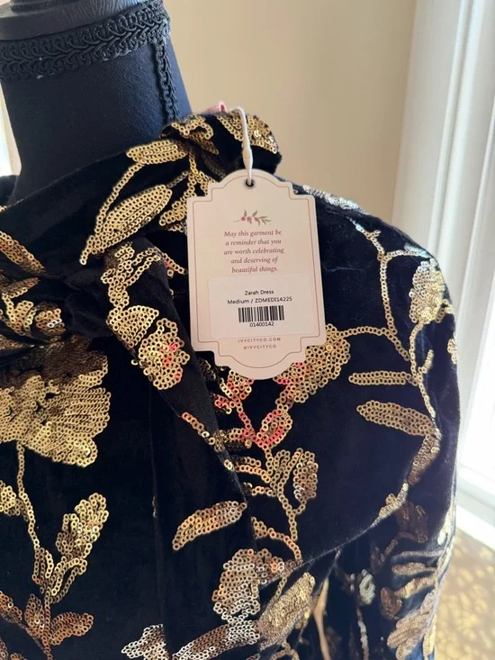 Ivy city co zarah black Mini Dress with Gold Floral Embroidery and Feather Trim - Picture 2 of 5